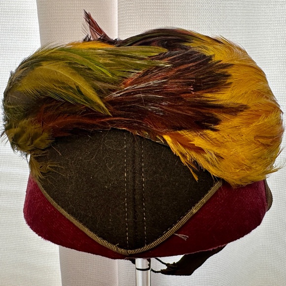 VINTAGE 1940s New York Creation Union Label Pheasant Feather Pillbox Hat - Picture 3 of 8